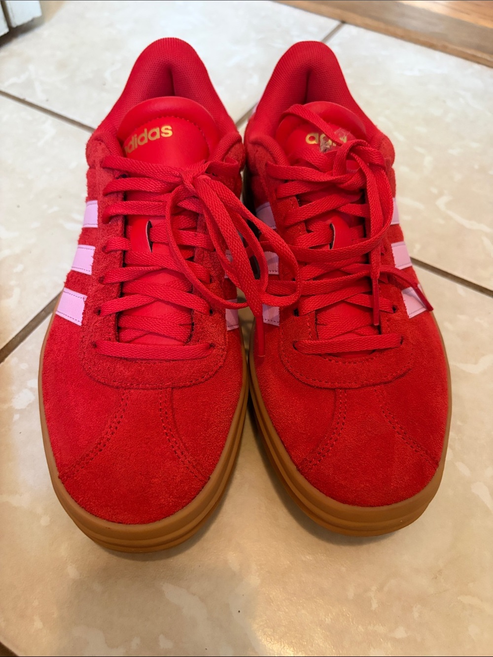 adidas women’s  Red Suede adidas with Pink Stripes and Gum Sole
